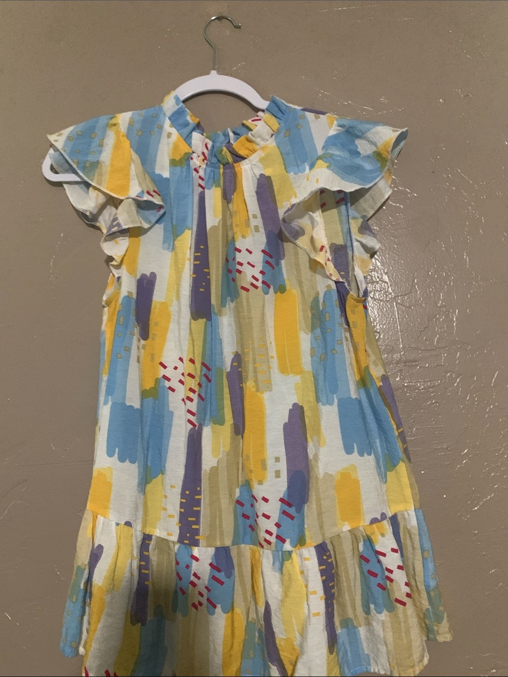JODIFL women Brushstroke Ruffle Dress in Blue, Yellow, Purple & Cream